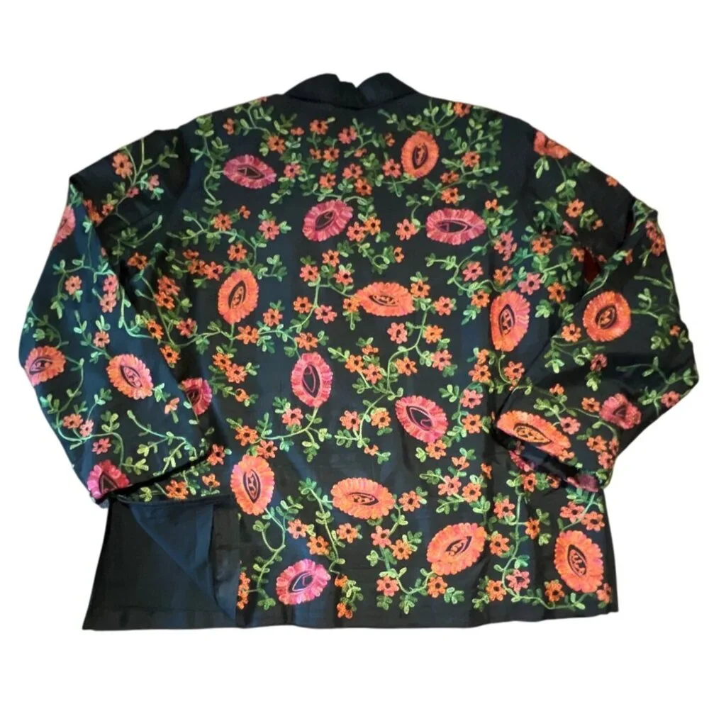 Laura Ashley Floral Embroidered Silk Jacket M Black Multicolor Cottage Core Boho